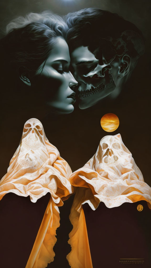 Surreal Artwork: Woman's Face, Skeletal Figure, Ghost-like Forms