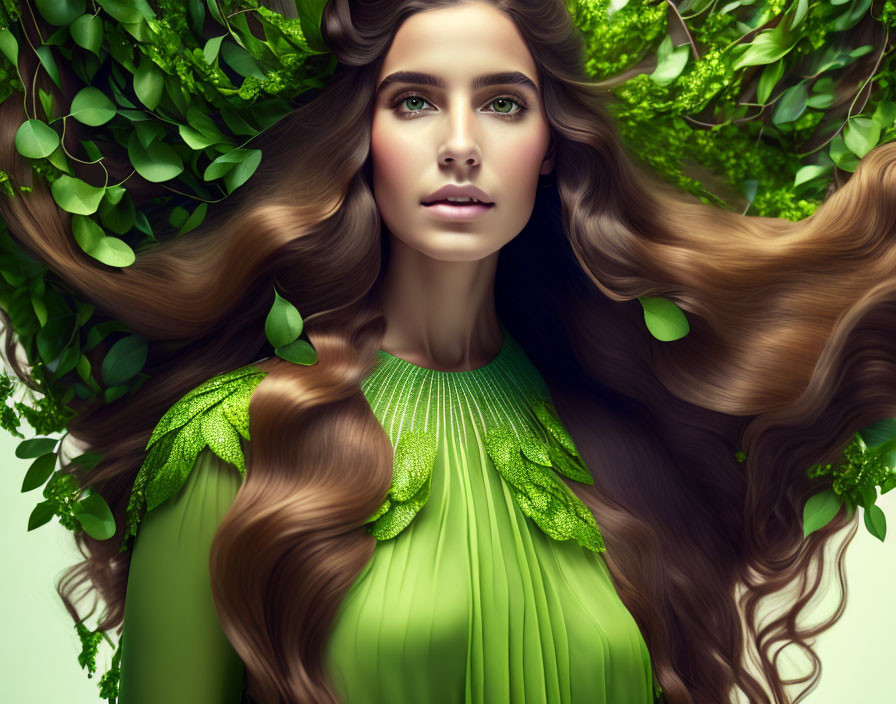 Woman with long brown hair in green attire among lush greenery.