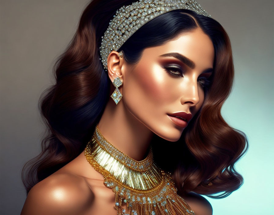 Stylish woman with bejeweled accessories and elegant makeup on soft background