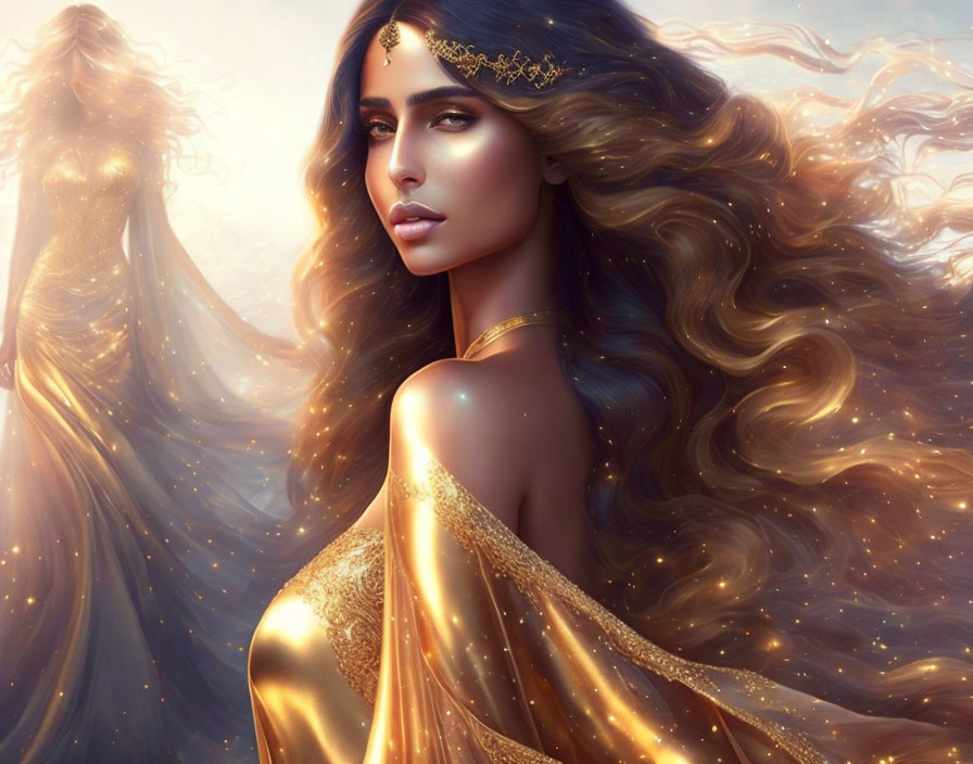 Ethereal woman in golden attire with flowing hair in luminescent setting