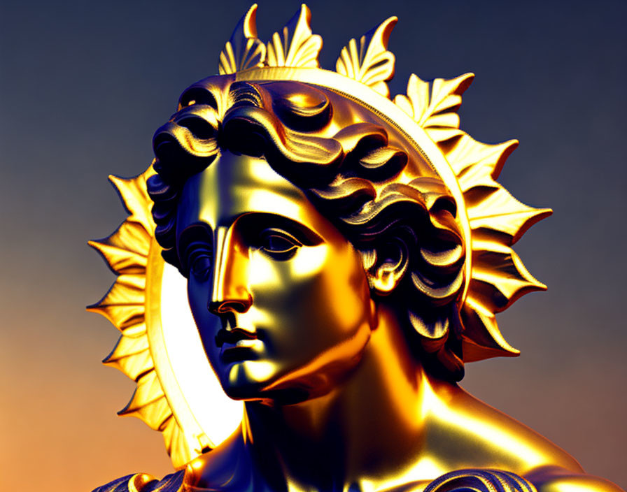 Golden Classical Figure Sculpture with Sun Crown and Leaf Accents