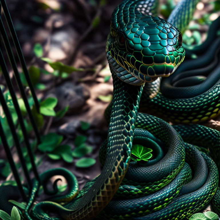 Green snake with highlighted scales in forest setting