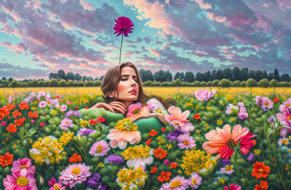 Woman lying in vibrant flower field at dusk with pink flower