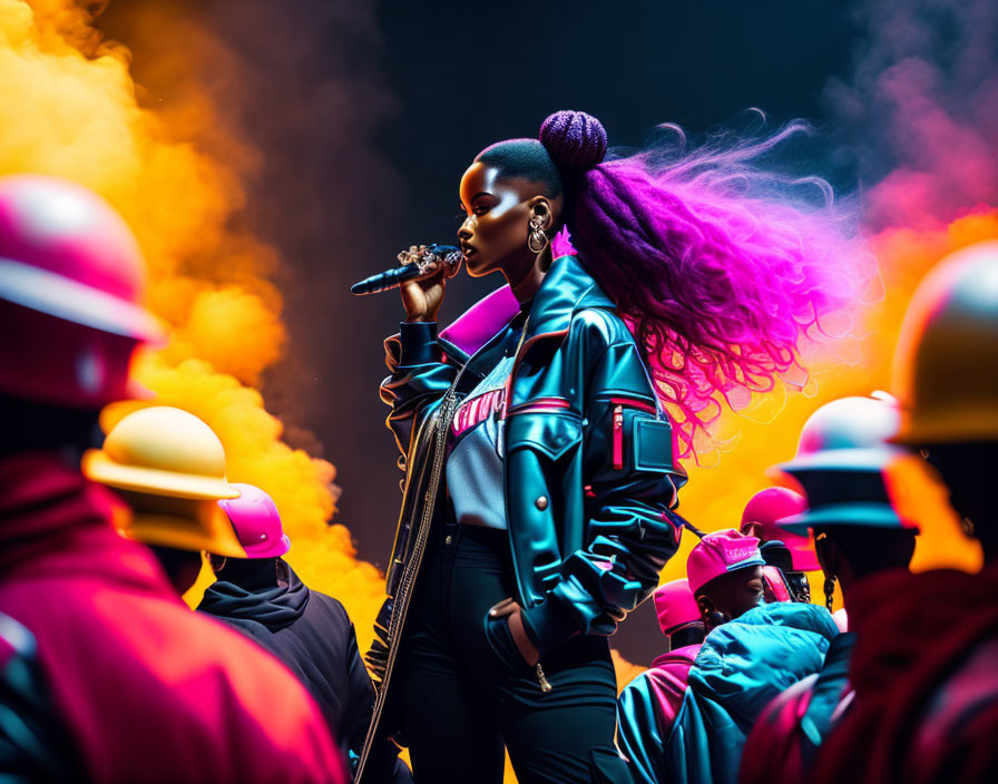 Purple-haired singer performs on stage amidst pink-hatted crowd and yellow smoke.