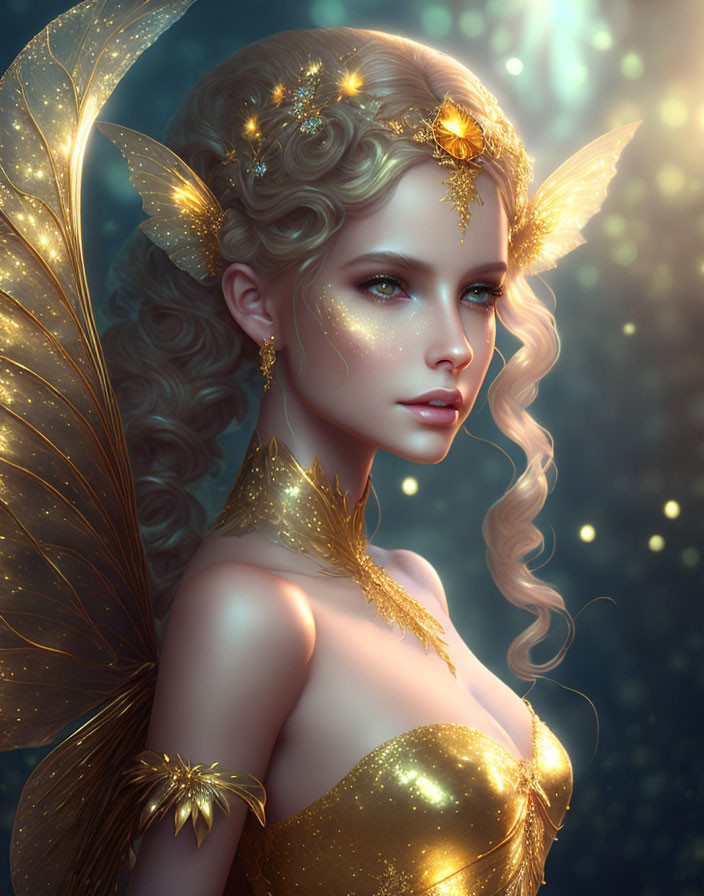 Digital Artwork: Fairy with Golden Hair Accessories and Translucent Wings