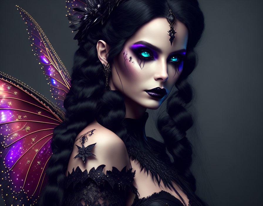 Fantasy portrait of woman with butterfly wings and star motifs