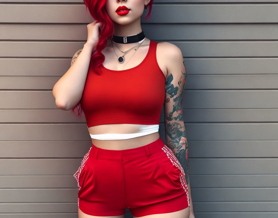 Red-haired woman with tattoos in red crop top and shorts on gray siding.