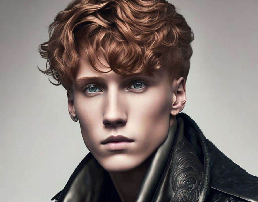 Portrait of a person with wavy auburn hair and piercing blue eyes in black leather outfit