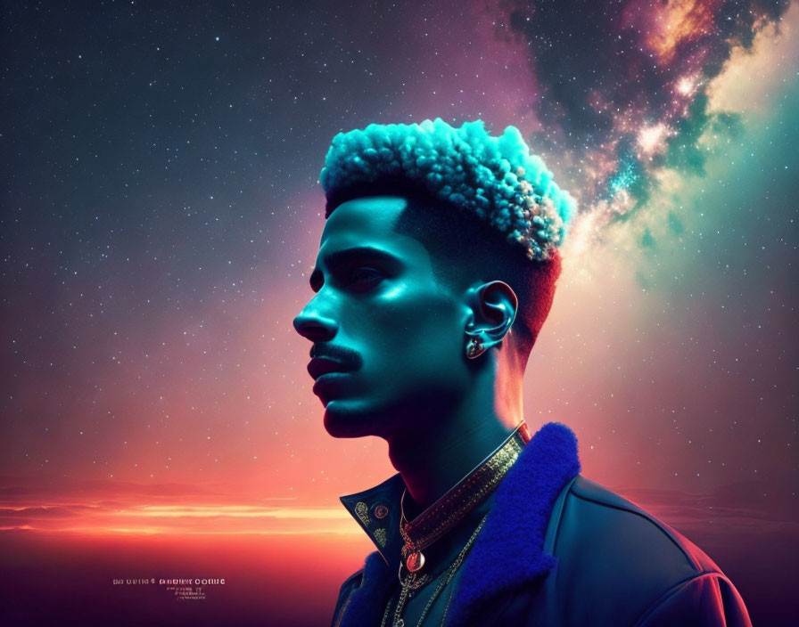 Side profile of person with high-top fade against vibrant cosmic backdrop