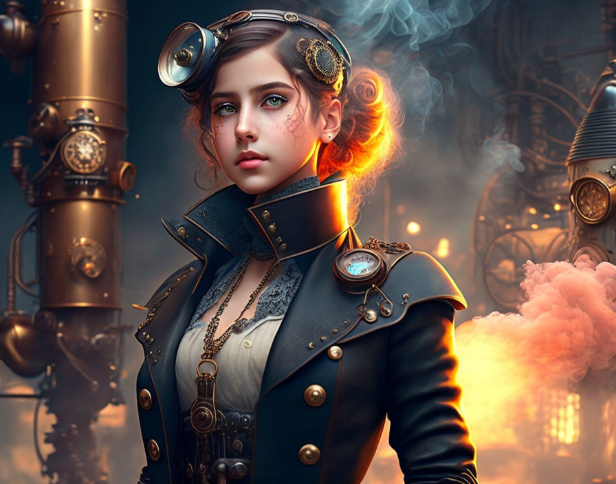 Steampunk-inspired woman in navy jacket and Victorian attire among steam and machinery