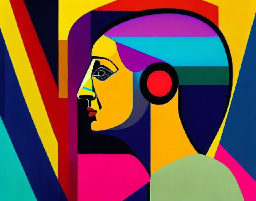 Vibrant abstract profile painting with geometric shapes and bold lines