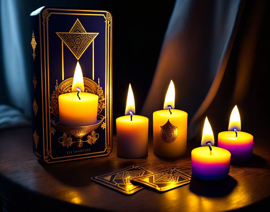 Tarot Card Box with Scattered Cards and Candles