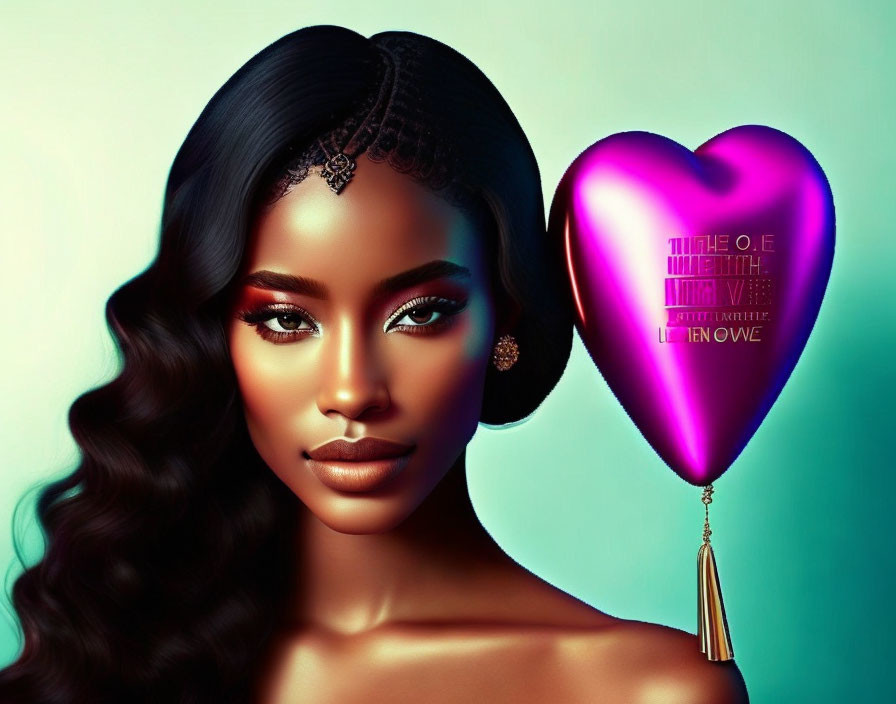 Digital artwork: Woman with wavy hair and elegant makeup next to heart-shaped balloon with reflective text