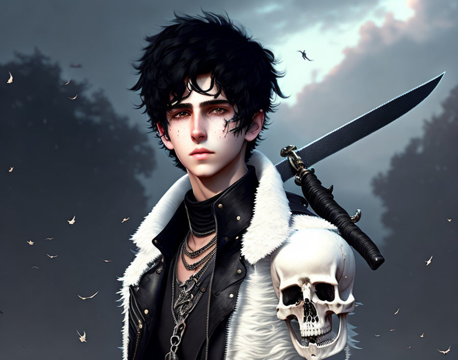 Stylized digital artwork of a male character with black hair, pale skin, dark eyes, holding