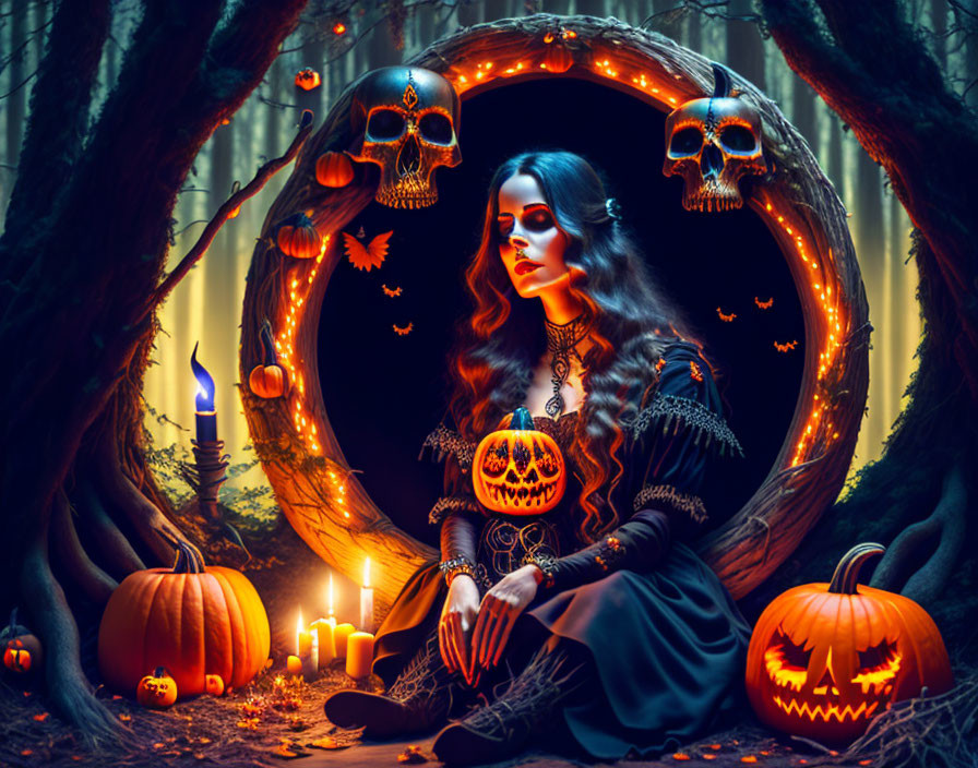 Woman in gothic attire surrounded by Halloween decor in forest setting