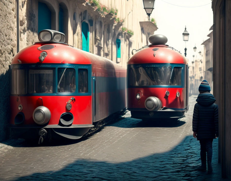 Person Walking Between Vintage Red Trams in Narrow Cobblestone Alleyway