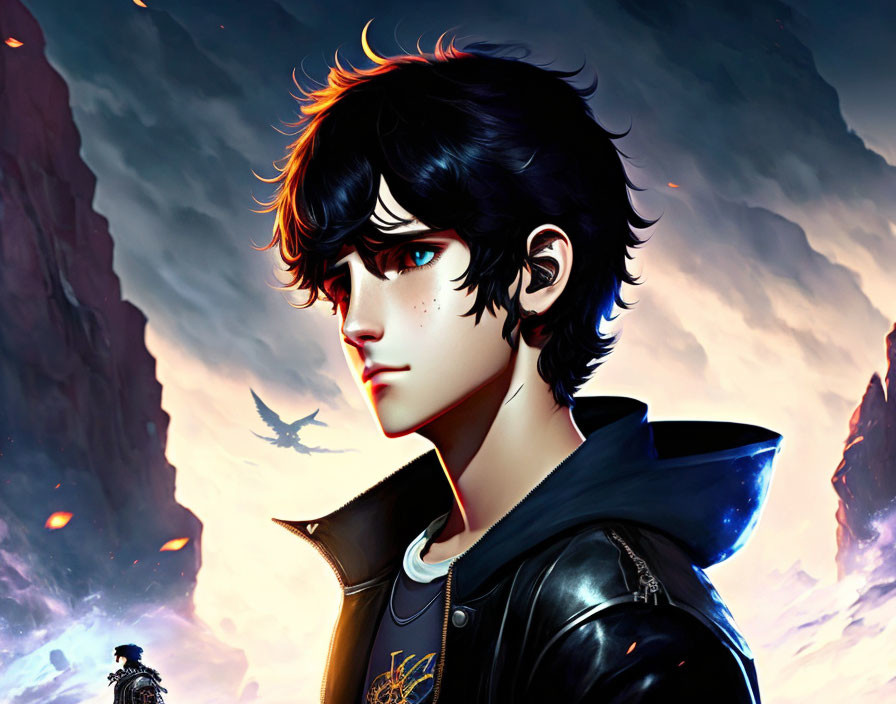 Stylized animated image of young male in black jacket under dramatic sky