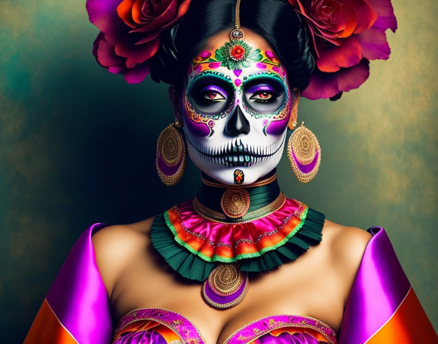 Skull makeup with floral adornments and Day of the Dead theme.