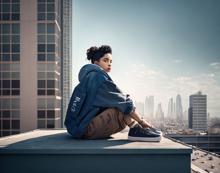 Person in Blue Jacket Contemplates City Skyline