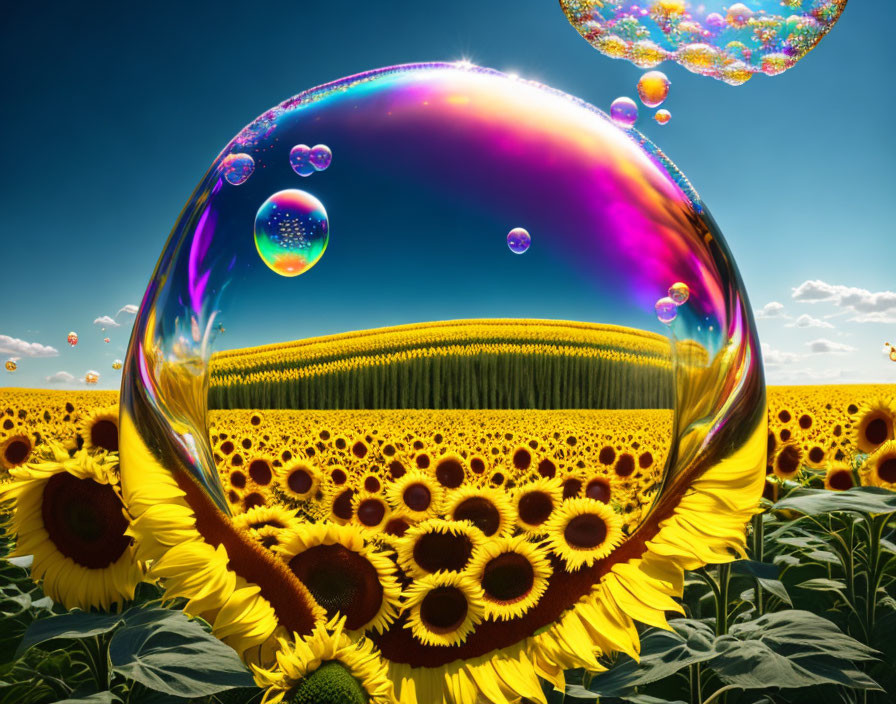 Sunflower field reflected in vibrant soap bubble under clear blue sky