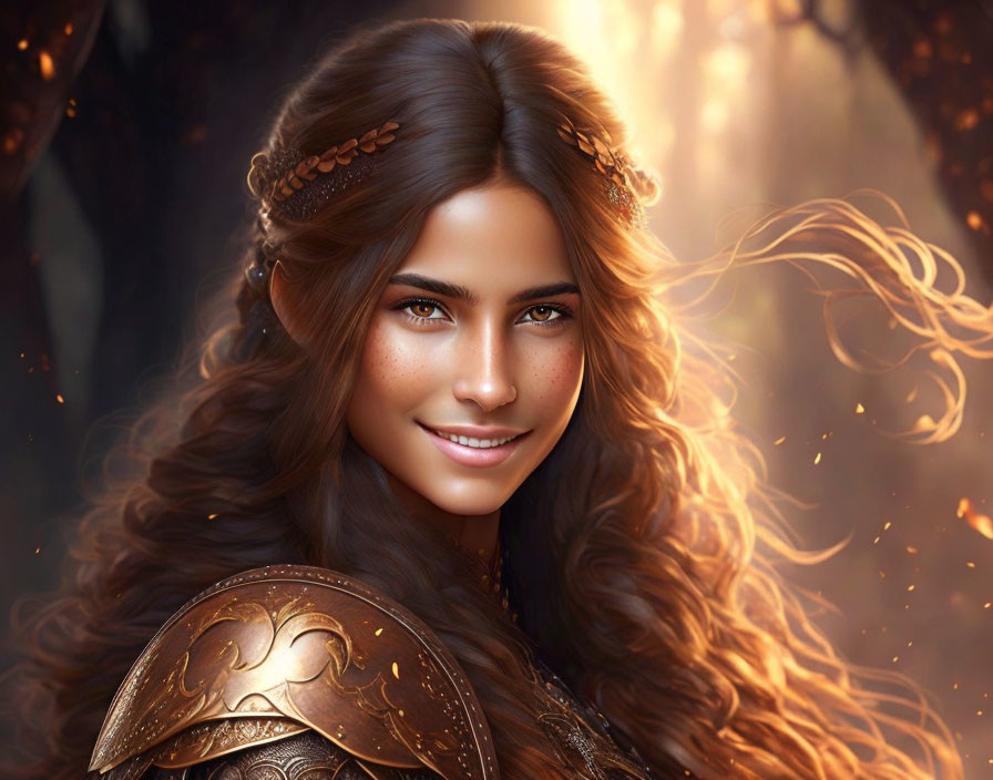 Smiling woman with brown hair in golden diadem against mystical forest