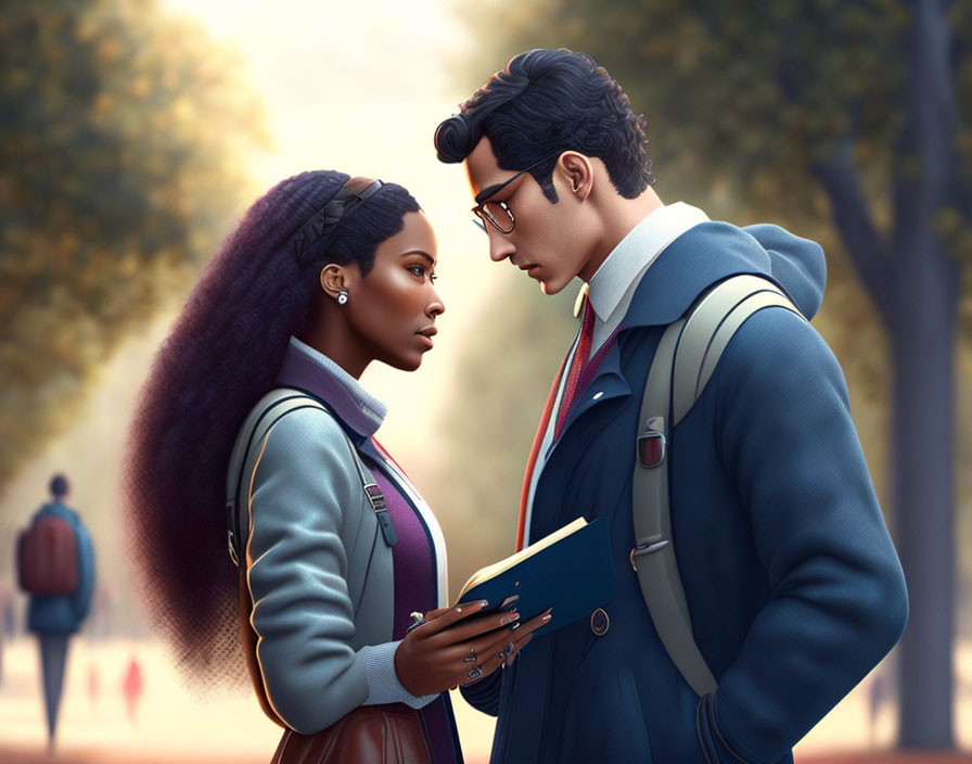 Stylized animated characters in emotional exchange with book in autumnal setting