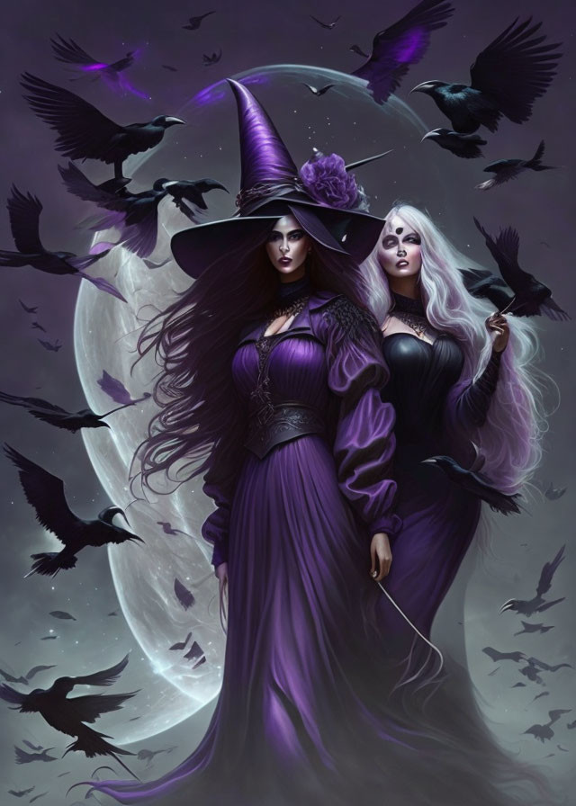 Purple Attired Witches Under Full Moon with Flying Ravens