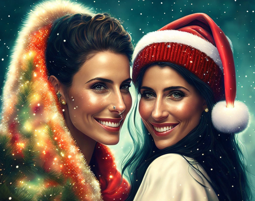 Two women in Santa hats with festive background - snowflakes & fairy lights