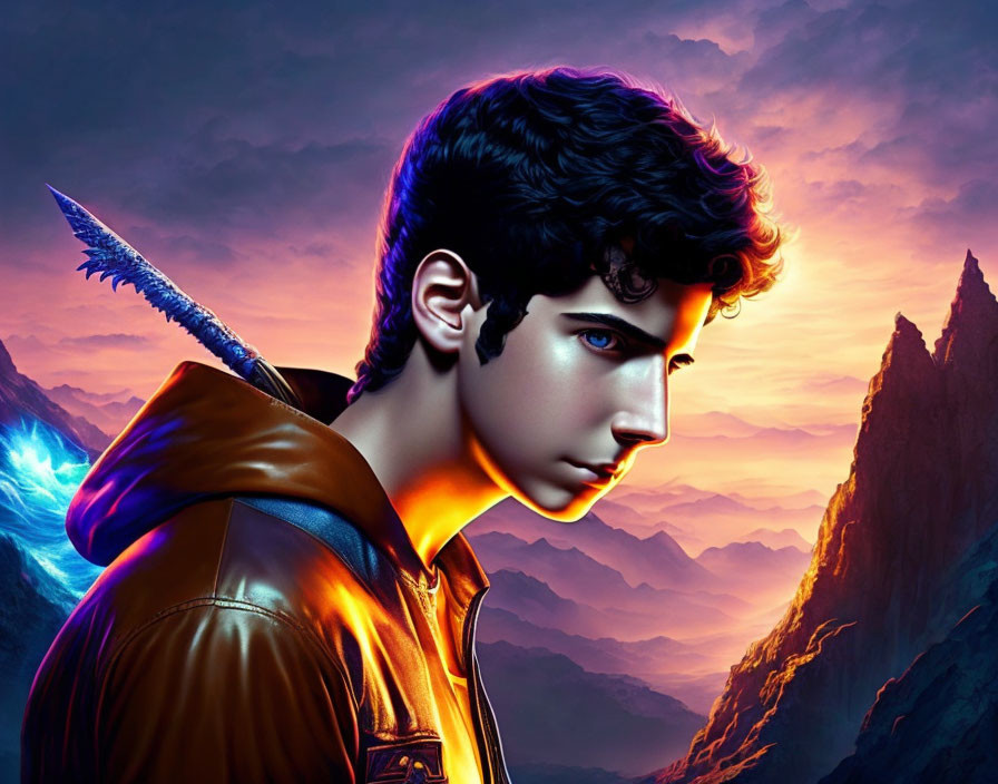 Young man with dark hair holding sword against colorful mountain sunset.