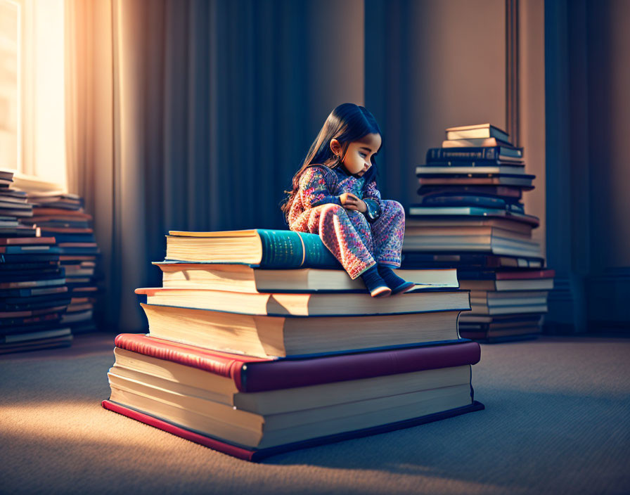 Young girl reading on giant stack of books in sunlit room