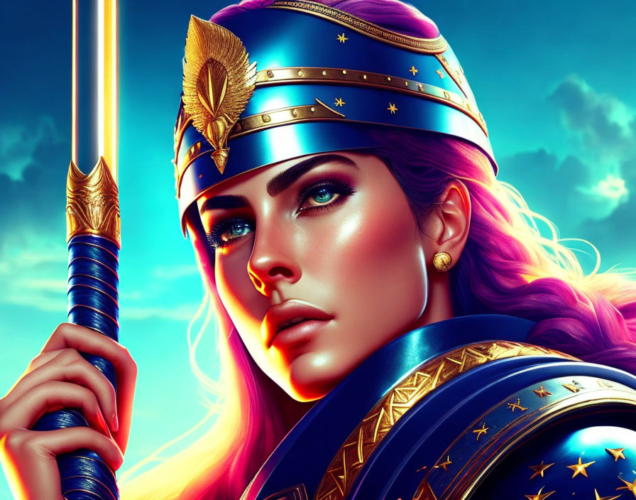 Female warrior digital illustration: Vibrant pink hair, blue and gold armor, holding a spear.