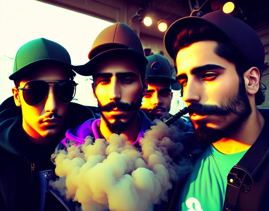 Four men in hats and sunglasses with smoke and vibrant colors