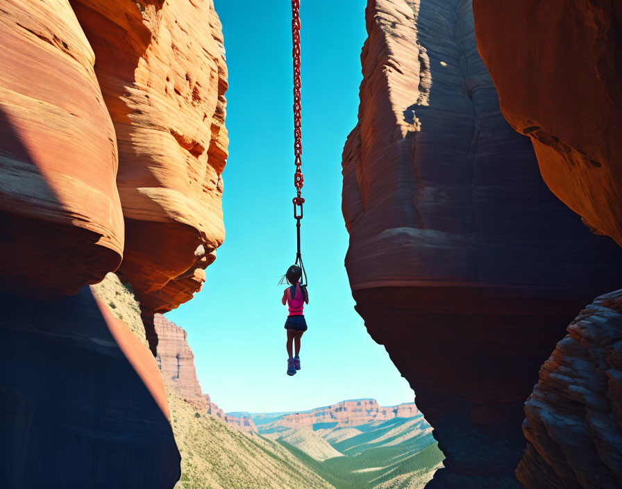 Person hanging from red swing in narrow canyon with sandstone walls under blue sky