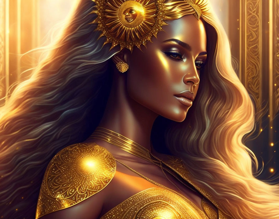 Regal Woman with Golden Jewelry and Sun Crown on Luxurious Background