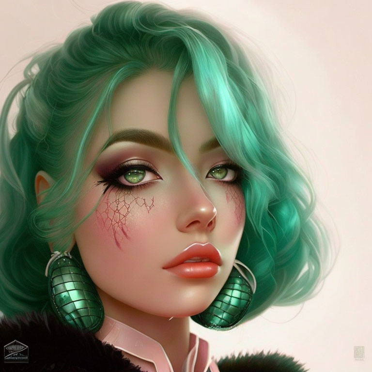 Vibrant green hair and eyes, hoop earrings, delicate cracked patterns.