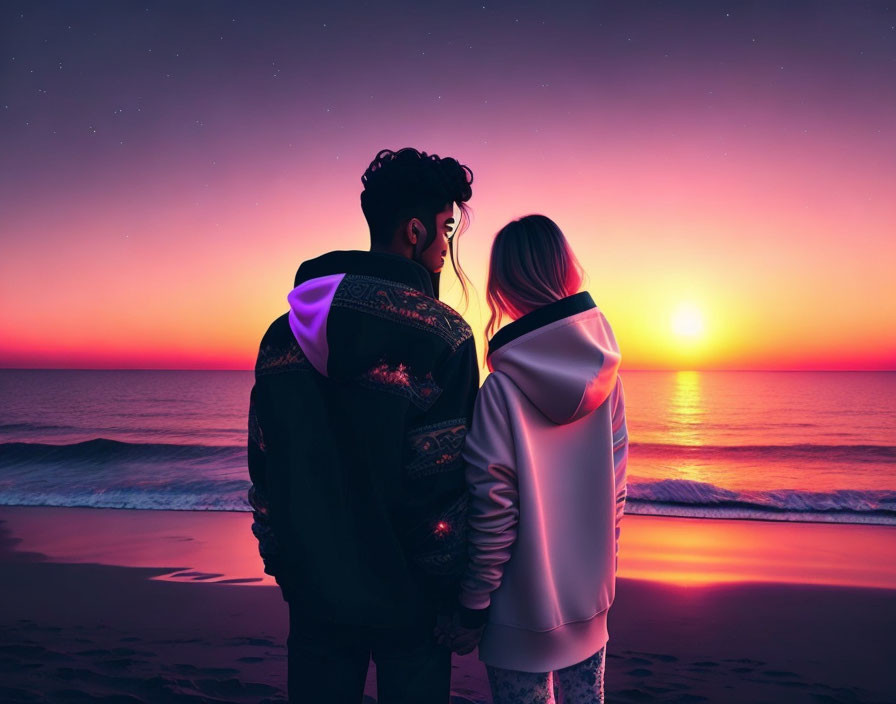 Couple watching sunset on beach with pink and orange sky