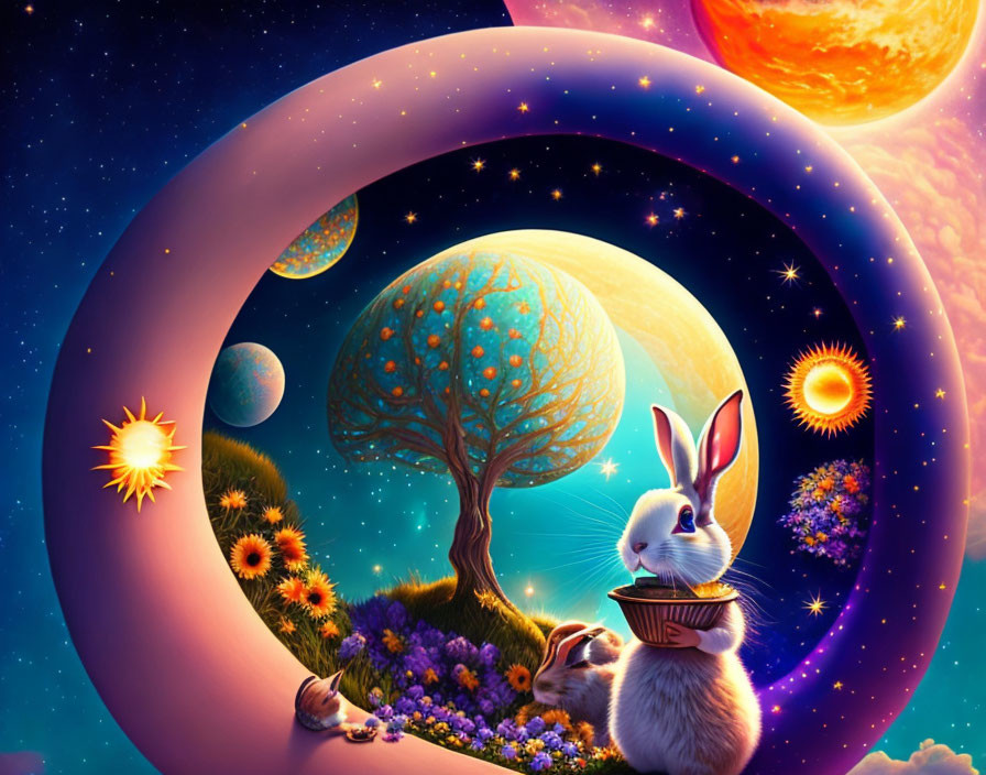 Colorful Fantasy Landscape with Rabbit, Whimsical Tree, Celestial Bodies, and Floating Islands