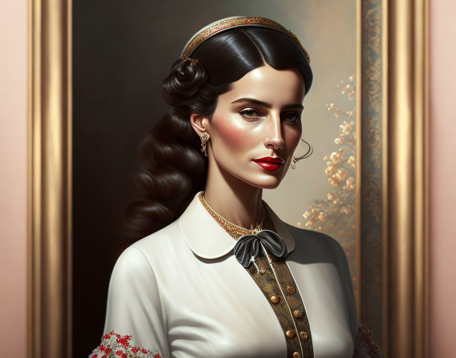 Portrait of woman with dark wavy hair, white blouse, headband & embroidered sleeves