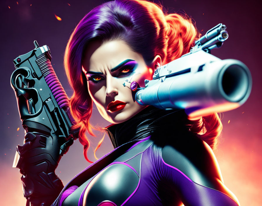 Digital artwork of woman with dramatic makeup and futuristic guns on fiery backdrop