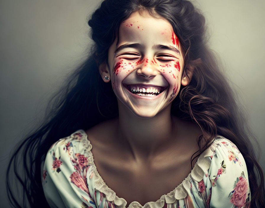 Joyful girl with long hair and red paint splatters in floral dress smiling