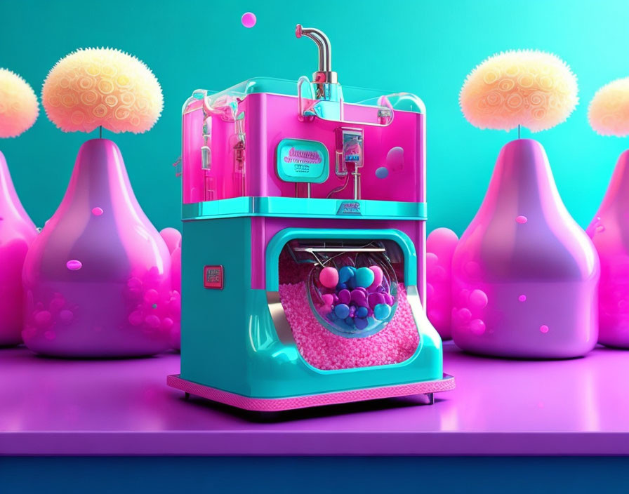 Colorful 3D Render: Whimsical Teal & Pink Bubble Gum Machine in Surreal