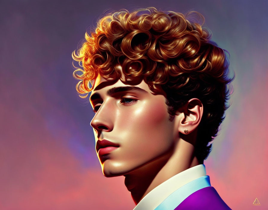 Young man with curly hair in profile view on gradient background.