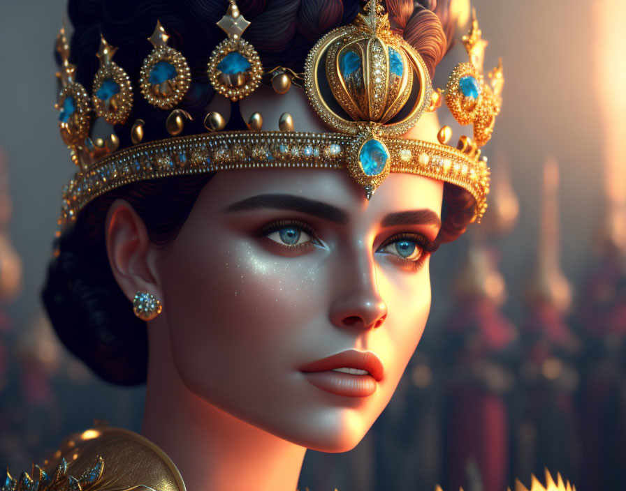 Regal queen with golden crown and blue eyes