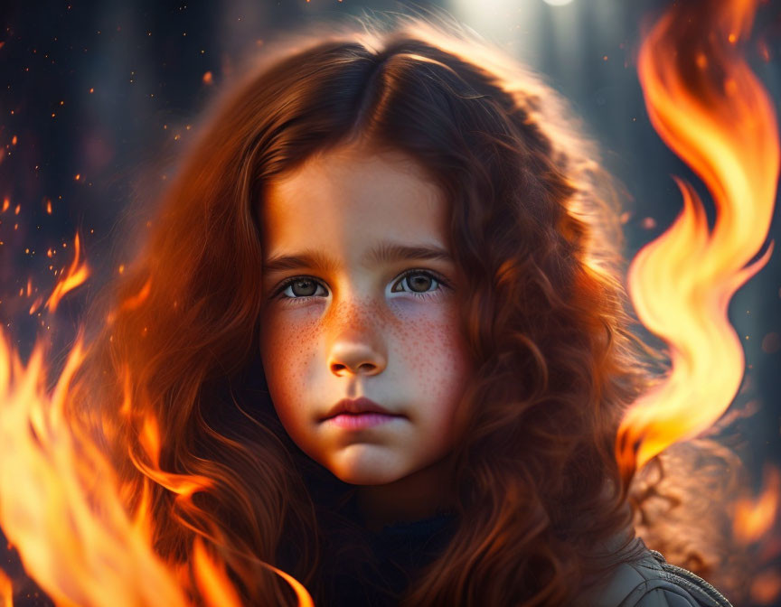 Young girl with red hair, freckles, and green eyes engulfed in fiery flames