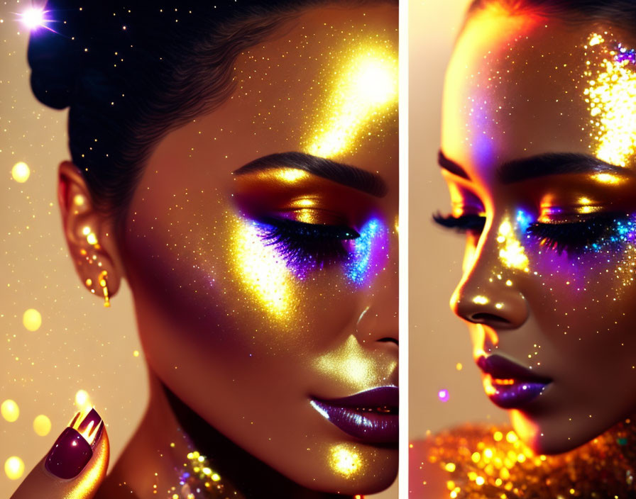 Colorful profile portrait of a woman with gold makeup on warm bokeh background