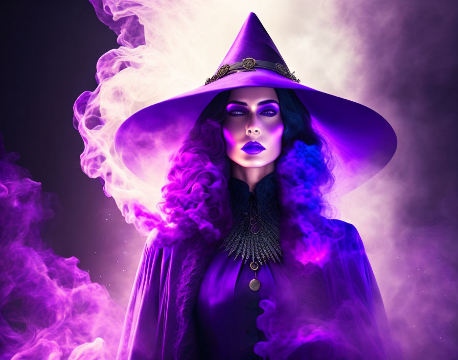 Mystical woman in purple cloak and witch's hat with green eyes