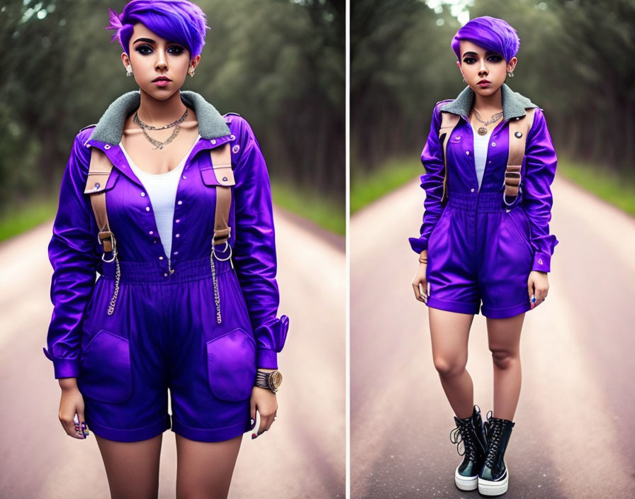 Purple Pixie Cut Woman in Shiny Jumpsuit & Platform Boots