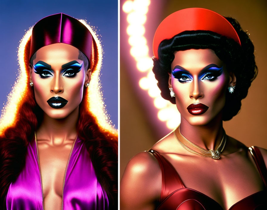 Portraits of person with dramatic makeup and styled hair in purple and red outfits on gradient background