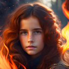 Young girl with red hair, freckles, and green eyes engulfed in fiery flames