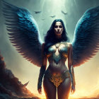 Golden-armored winged woman against fiery backdrop.